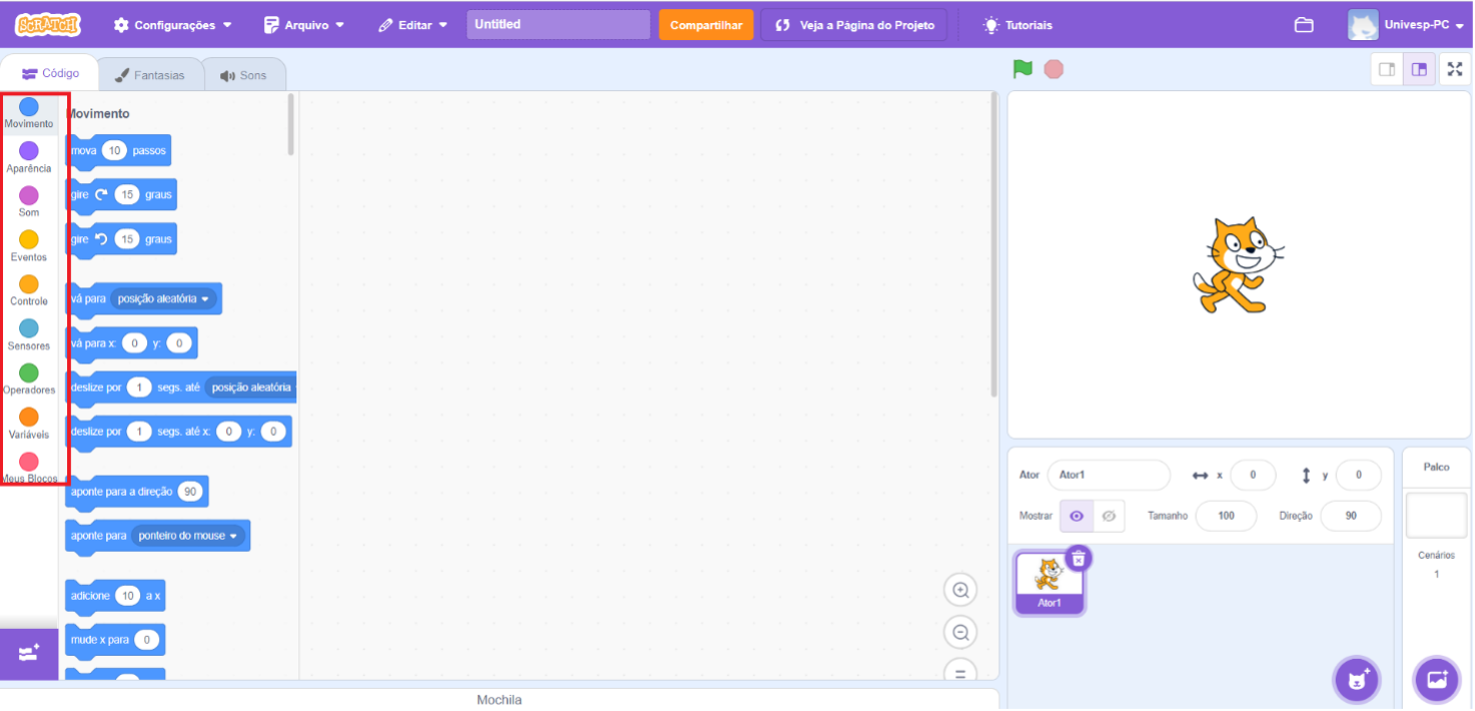 Captura de tela da interface do Scratch, uma plataforma de programação visual para crianças. A tela está dividida em três seções principais: Painel de Blocos de Comando (à esquerda): Dividido em várias categorias, cada uma representada por uma cor diferente: Movimento (azul): Comandos para mover e girar sprites. Aparência (roxo claro): Comandos para mudar a aparência dos sprites. Som (rosa): Comandos para tocar sons e músicas. Eventos (amarelo): Comandos para iniciar scripts em resposta a eventos. Controle (laranja): Comandos para loops e condições. Sensores (verde claro): Comandos para detectar condições. Operadores (verde): Comandos para operações matemáticas e lógica. Variáveis (laranja claro): Comandos para criar e usar variáveis. Meus Blocos (vermelho): Comandos para definir e usar blocos personalizados. As categorias são destacadas por um retângulo vermelho no lado esquerdo. Área de Scripts (centro): Espaço em branco onde os blocos de comando são arrastados e conectados para criar scripts. Área de Palco (à direita): Mostra a visualização dos sprites e o palco onde as ações dos scripts são exibidas. Um sprite do Scratch Cat está visível. Controles para ajustar as propriedades do sprite, como mostrar/ocultar, tamanho e direção. Na parte superior, um menu de navegação com várias opções: Configurações, Arquivo, Editar, Compartilhar: Botões para salvar, carregar, editar e compartilhar projetos. Veja a Página do Projeto e Tutoriais: Links para acessar a página do projeto e tutoriais. No canto superior direito, ícone de perfil do usuário e opções de configuração. Nota: O retângulo vermelho destaca a coluna das categorias de blocos de comando à esquerda.