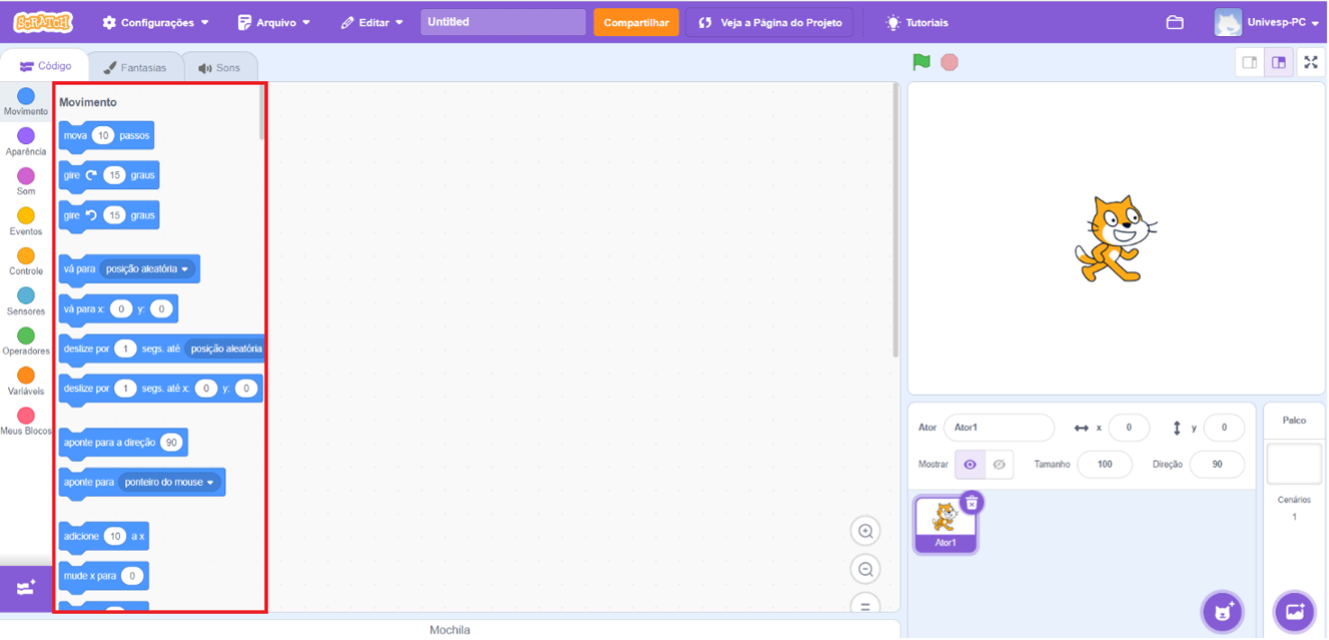 Captura de tela da interface do Scratch, uma plataforma de programação visual para crianças. A tela está dividida em três seções principais: Painel de Blocos de Comando (à esquerda): Dividido em várias categorias, cada uma representada por uma cor diferente: Movimento (azul): Comandos para mover e girar sprites. Aparência (roxo claro): Comandos para mudar a aparência dos sprites. Som (rosa): Comandos para tocar sons e músicas. Eventos (amarelo): Comandos para iniciar scripts em resposta a eventos. Controle (laranja): Comandos para loops e condições. Sensores (verde claro): Comandos para detectar condições. Operadores (verde): Comandos para operações matemáticas e lógica. Variáveis (laranja claro): Comandos para criar e usar variáveis. Meus Blocos (vermelho): Comandos para definir e usar blocos personalizados. Os Blocos são destacadas por um retângulo vermelho no lado esquerdo. Área de Scripts (centro): Espaço em branco onde os blocos de comando são arrastados e conectados para criar scripts. Área de Palco (à direita): Mostra a visualização dos sprites e o palco onde as ações dos scripts são exibidas. Um sprite do Scratch Cat está visível. Controles para ajustar as propriedades do sprite, como mostrar/ocultar, tamanho e direção. Na parte superior, um menu de navegação com várias opções: Configurações, Arquivo, Editar, Compartilhar: Botões para salvar, carregar, editar e compartilhar projetos. Veja a Página do Projeto e Tutoriais: Links para acessar a página do projeto e tutoriais. No canto superior direito, ícone de perfil do usuário e opções de configuração. O retângulo vermelho destaca a coluna dos blocos à esquerda.