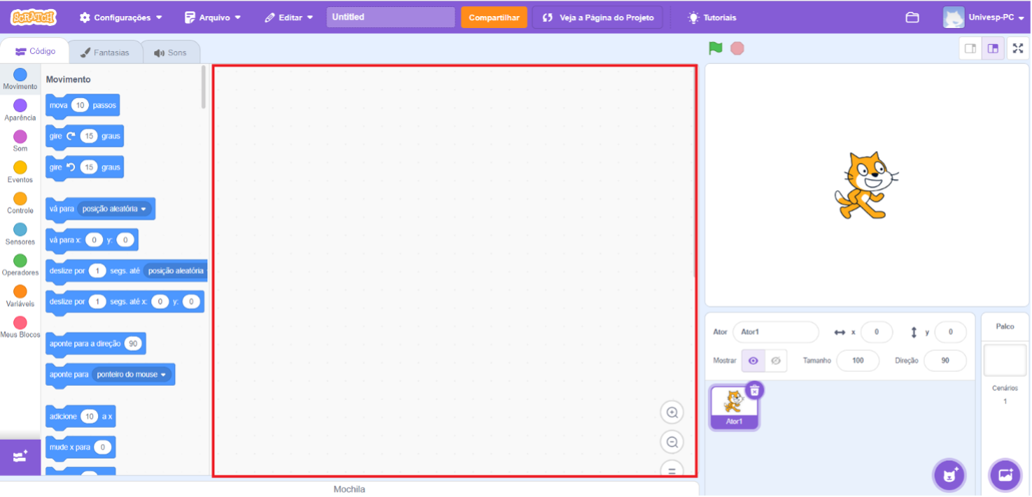 Captura de tela da interface do Scratch, uma plataforma de programação visual para crianças. A tela está dividida em três seções principais: Painel de Blocos de Comando (à esquerda): Dividido em várias categorias, cada uma representada por uma cor diferente: Movimento (azul): Comandos para mover e girar sprites. Aparência (roxo claro): Comandos para mudar a aparência dos sprites. Som (rosa): Comandos para tocar sons e músicas. Eventos (amarelo): Comandos para iniciar scripts em resposta a eventos. Controle (laranja): Comandos para loops e condições. Sensores (verde claro): Comandos para detectar condições. Operadores (verde): Comandos para operações matemáticas e lógica. Variáveis (laranja claro): Comandos para criar e usar variáveis. Meus Blocos (vermelho): Comandos para definir e usar blocos personalizados. Área de Scripts (centro): Espaço em branco onde os blocos de comando são arrastados e conectados para criar scripts. Esta área é destacada por um retângulo vermelho Área de Palco (à direita): Mostra a visualização dos sprites e o palco onde as ações dos scripts são exibidas. Um sprite do Scratch Cat está visível. Controles para ajustar as propriedades do sprite, como mostrar/ocultar, tamanho e direção. Na parte superior, um menu de navegação com várias opções: Configurações, Arquivo, Editar, Compartilhar: Botões para salvar, carregar, editar e compartilhar projetos. Veja a Página do Projeto e Tutoriais: Links para acessar a página do projeto e tutoriais. No canto superior direito, ícone de perfil do usuário e opções de configuração.