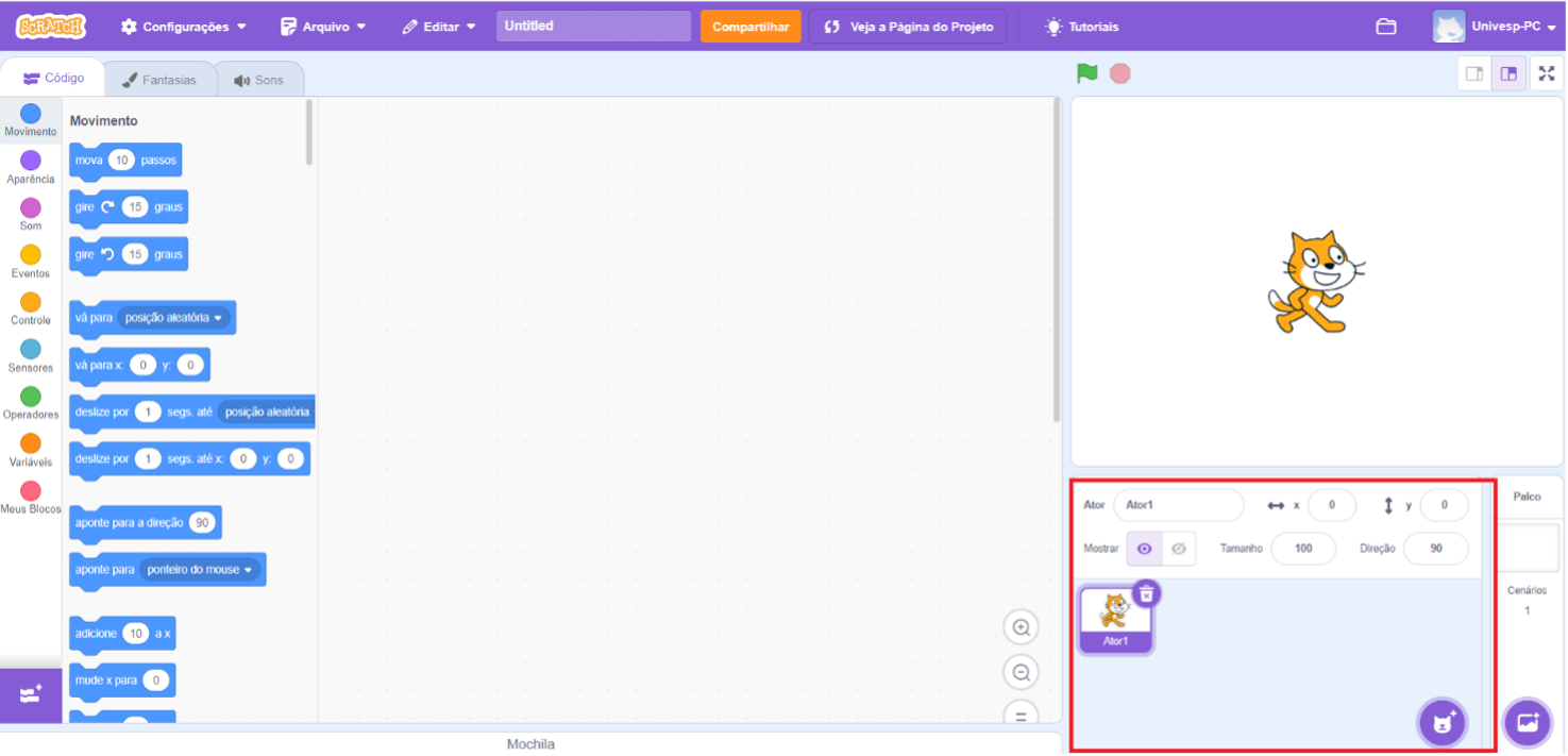 Captura de tela da interface do Scratch, uma plataforma de programação visual para crianças. A tela está dividida em três seções principais: Painel de Blocos de Comando (à esquerda): Dividido em várias categorias, cada uma representada por uma cor diferente: Movimento (azul): Comandos para mover e girar sprites. Aparência (roxo claro): Comandos para mudar a aparência dos sprites. Som (rosa): Comandos para tocar sons e músicas. Eventos (amarelo): Comandos para iniciar scripts em resposta a eventos. Controle (laranja): Comandos para loops e condições. Sensores (verde claro): Comandos para detectar condições. Operadores (verde): Comandos para operações matemáticas e lógica. Variáveis (laranja claro): Comandos para criar e usar variáveis. Meus Blocos (vermelho): Comandos para definir e usar blocos personalizados. Área de Scripts (centro): Espaço em branco onde os blocos de comando são arrastados e conectados para criar scripts. Área de Palco (à direita): Mostra a visualização dos sprites e o palco onde as ações dos scripts são exibidas. Um sprite do Scratch Cat está visível. Controles para ajustar as propriedades do sprite, como mostrar/ocultar, tamanho e direção. Esta área está destacada por um retângulo vermelho Na parte superior, um menu de navegação com várias opções: Configurações, Arquivo, Editar, Compartilhar: Botões para salvar, carregar, editar e compartilhar projetos. Veja a Página do Projeto e Tutoriais: Links para acessar a página do projeto e tutoriais. No canto superior direito, ícone de perfil do usuário e opções de configuração.