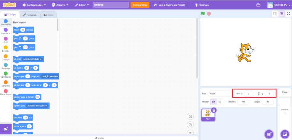 A imagem mostra a interface do ambiente de programação Scratch. À esquerda, há uma lista de blocos de comando divididos em categorias como Movimento, Aparência, Som, Eventos, Controle, Sensores, Operadores, Variáveis e Meus Blocos. No centro, há um espaço em branco onde os blocos de comando podem ser arrastados e organizados. À direita, há uma área de visualização do palco onde um personagem de um gato laranja, chamado 'Ator1', está visível. Na parte inferior direita da área de visualização do palco há um retângulo vermelho que demarca uma seção com os seguintes elementos: dois campos de entrada numerados com os rótulos 'x' e 'y'. Estes campos têm valores numéricos.